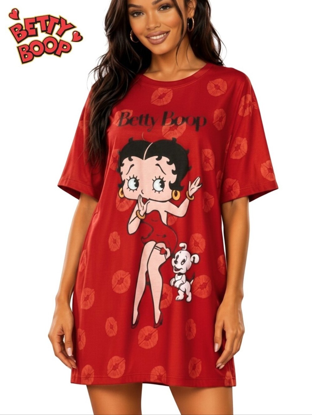 BETTY BOOP Relaxed Fit Sleep Dress Women's LARGE Pajamas Red Black T-Shirt Gown - Picture 6 of 6